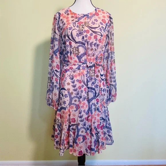 LOFT Floral Puff Sleeve Mini Flare Dress size 12 - Picture 4 of 11